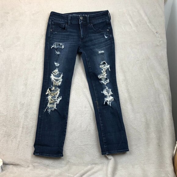 American Eagle Outfitters Womens Jeans Size 2 Artist Crop Destroyed Stretch Blue - Picture 15 of 16